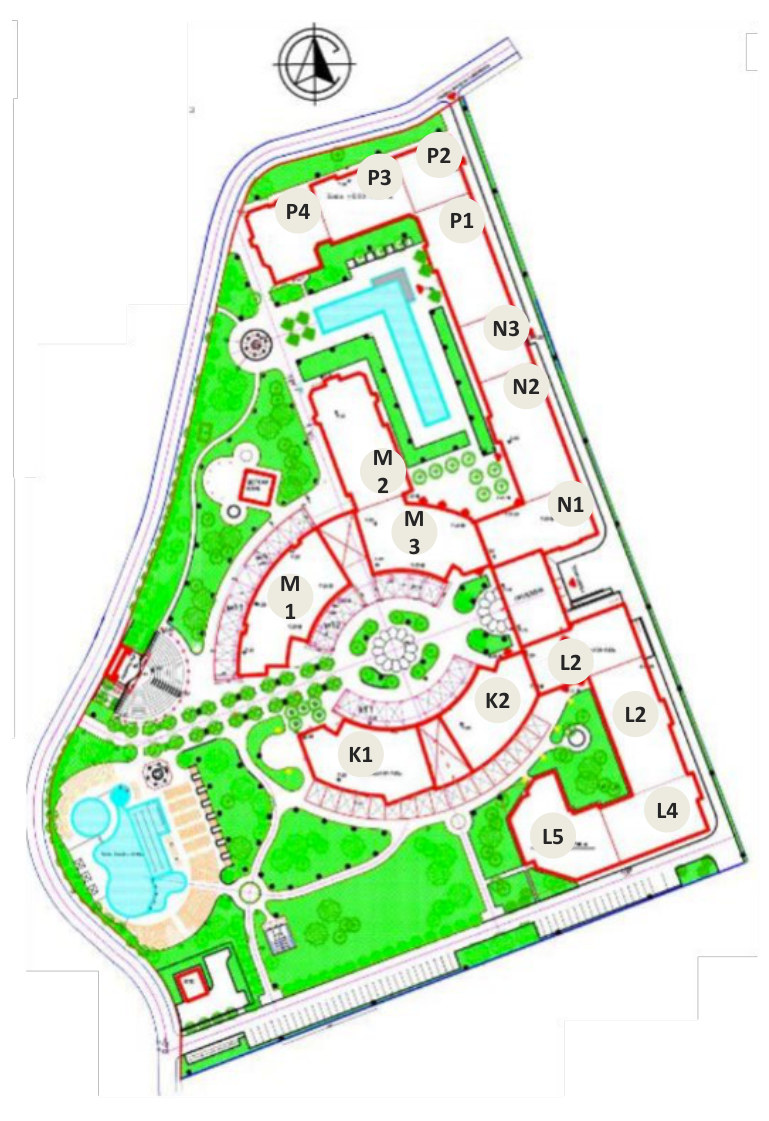 Site plan of Sunrise River Beach, with buildings M, N, P, K and L